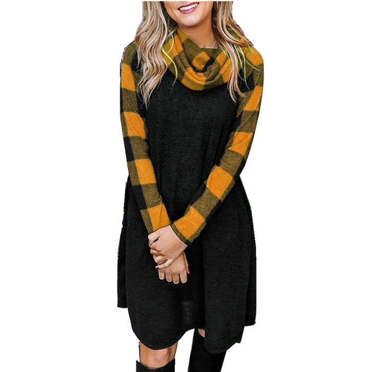 "Women's Check Print Panel Long Sleeve Dress in trendy plaid pattern, perfect for casual and chic fall fashion, available in various sizes."