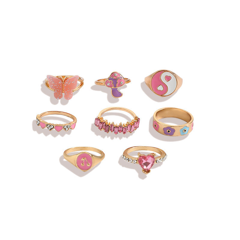 8pcs pink gold stackable bohemian midi ring set with cute mushroom design, perfect gift for her