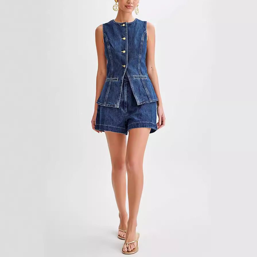 "Fashion Denim Suit for Women - Summer Casual Sleeveless Button Vest & High Waist Shorts Set" - touchydesign