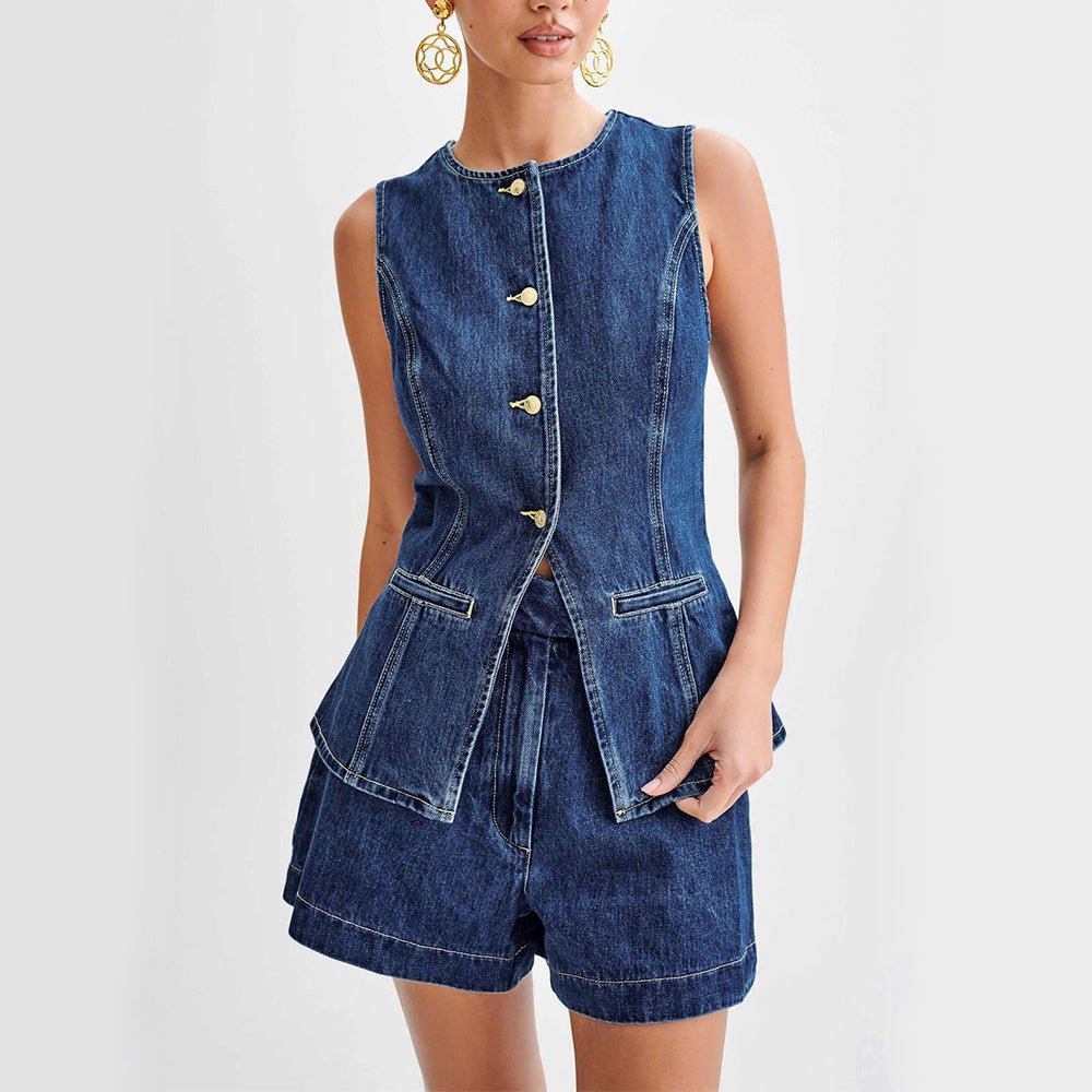 "Fashion Denim Suit for Women - Summer Casual Sleeveless Button Vest & High Waist Shorts Set" - touchydesign