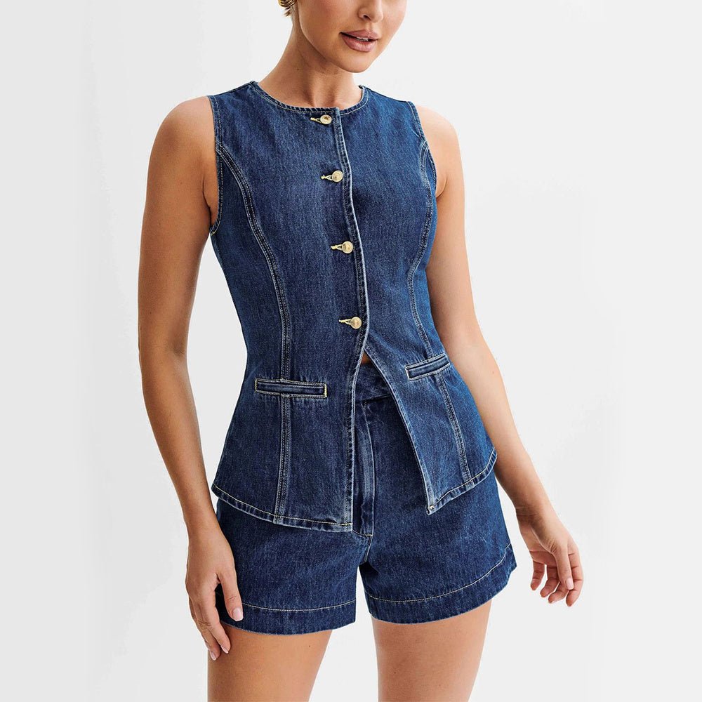 "Fashion Denim Suit for Women - Summer Casual Sleeveless Button Vest & High Waist Shorts Set" - touchydesign