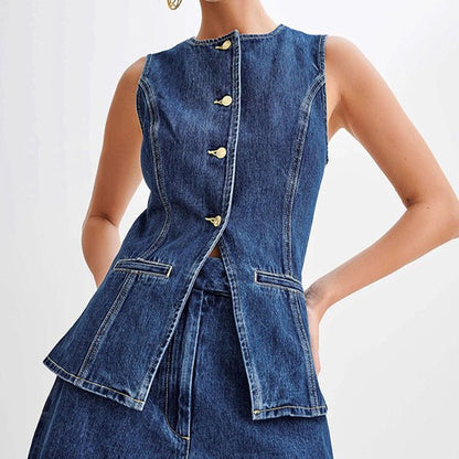 "Fashion Denim Suit for Women - Summer Casual Sleeveless Button Vest & High Waist Shorts Set" - touchydesign