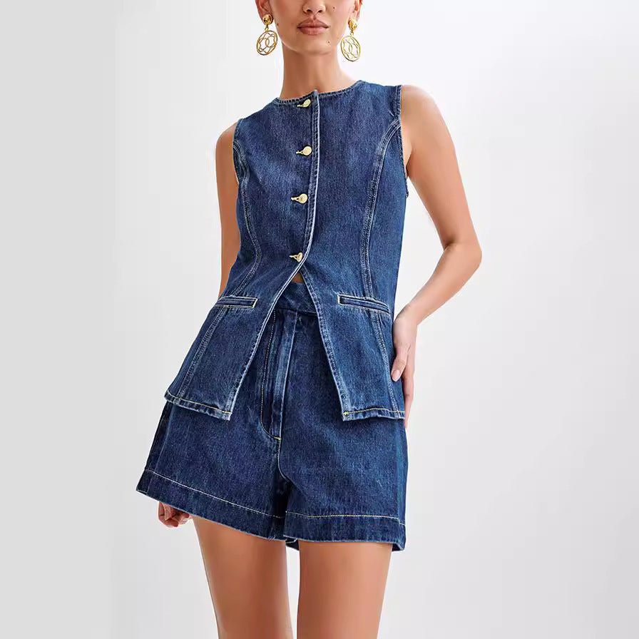 "Fashion Denim Suit for Women - Summer Casual Sleeveless Button Vest & High Waist Shorts Set" - touchydesign