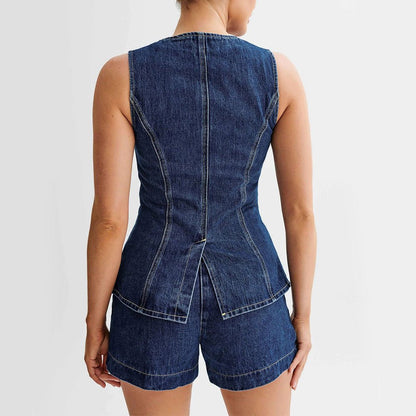 "Fashion Denim Suit for Women - Summer Casual Sleeveless Button Vest & High Waist Shorts Set" - touchydesign