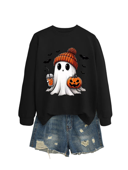 Fashionable long sleeve crew neck sweatshirt in milk tea color with pumpkin and bat print, perfect for fall and Halloween.