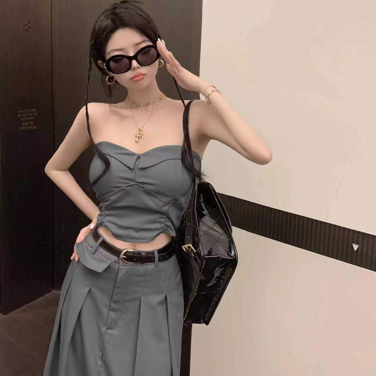 Women's Design Sense Slimming High Waist With Belt Long Skirt Tube Top Two-piece Set touchydesign