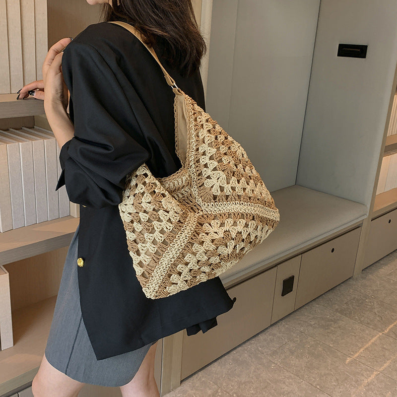 Women's Fashion Handmade Straw Woven Hollow Contrast Color Weave Shoulder Bag touchydesign