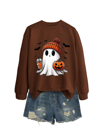 Fashionable long sleeve crew neck sweatshirt in milk tea color with pumpkin and bat print, perfect for fall and Halloween.