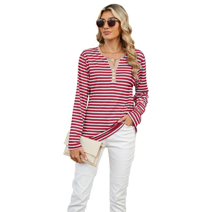 Women's V-neck striped long-sleeve T-shirt with a loose fit. Casual and comfortable top for everyday wear."