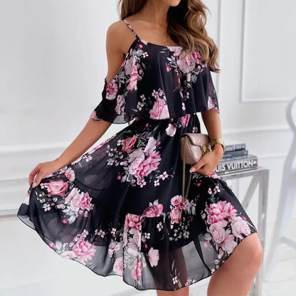 Flower Printed Ruffled Suspender Dress Summer Off-the-shoulder Strap Dresses Women touchydesign