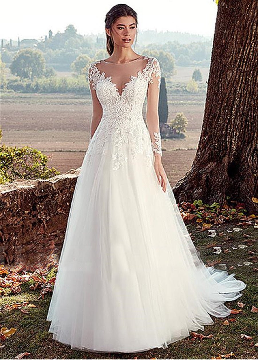 "High U - Neck Lace Long Sleeve A - Line Wedding Dress with Long Train" - touchydesign