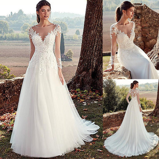 "High U - Neck Lace Long Sleeve A - Line Wedding Dress with Long Train" - touchydesign