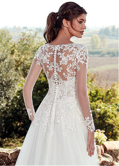 "High U - Neck Lace Long Sleeve A - Line Wedding Dress with Long Train" - touchydesign